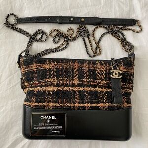 CHANEL Gabrielle Tweed Calfskin Hobo Black Brown